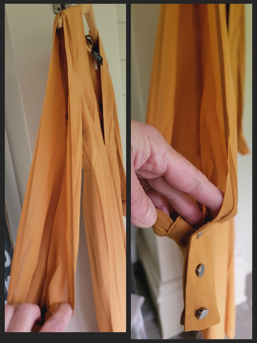 Nasty Gal Split Decision Plunging Mustard Color Poly Crepe Jumpsuit Open Sleeve - Picture 5 of 16